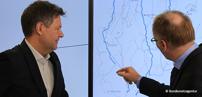 Robert Habeck lässt sich von Jochen Homann, Präsident der Bundesnetzagentur, über den Stand des Stromnetzausbaus informieren. Robert Habeck lässt sich von Jochen Homann, Präsident der Bundesnetzagentur, über den Stand des Stromnetzausbaus informieren.
